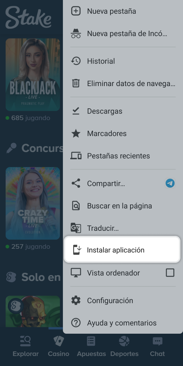 Selecciona la opción de instalar aplicación en el menú del navegador para Stake.