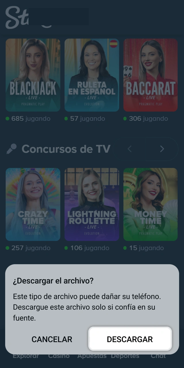 Confirma la descarga del archivo en tu móvil para obtener la app de Stake.