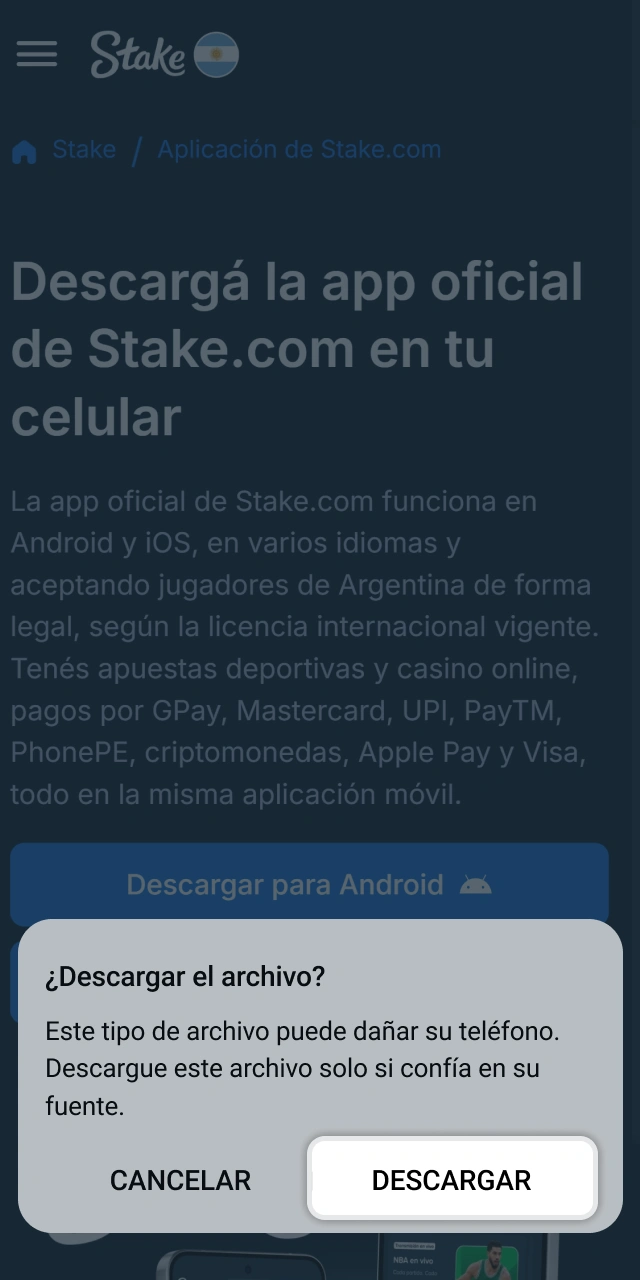 Acepta la descarga del archivo APK para disfrutar de Stake en tu móvil.