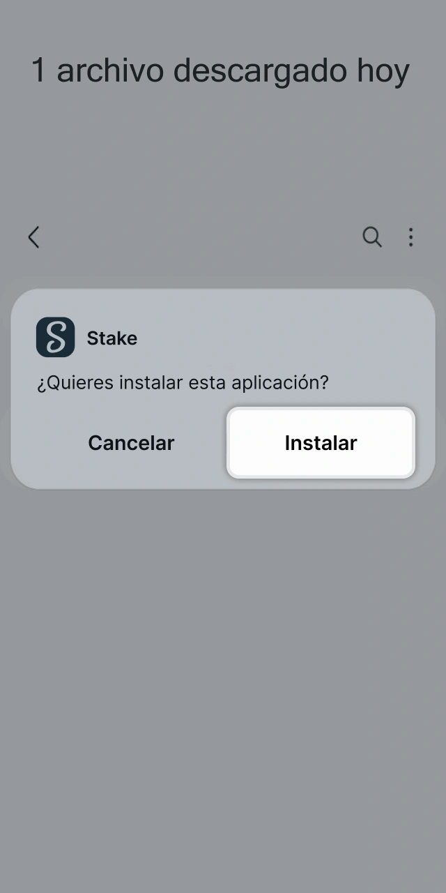 Pulsa instalar para completar la instalación de la aplicación de Stake.