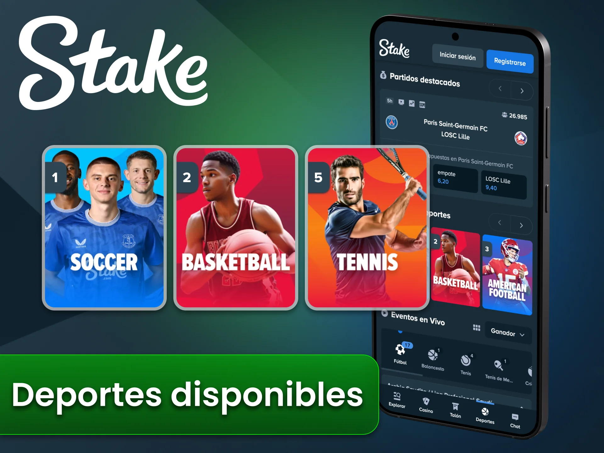 La aplicación Stake ofrece diversos deportes para apostar.