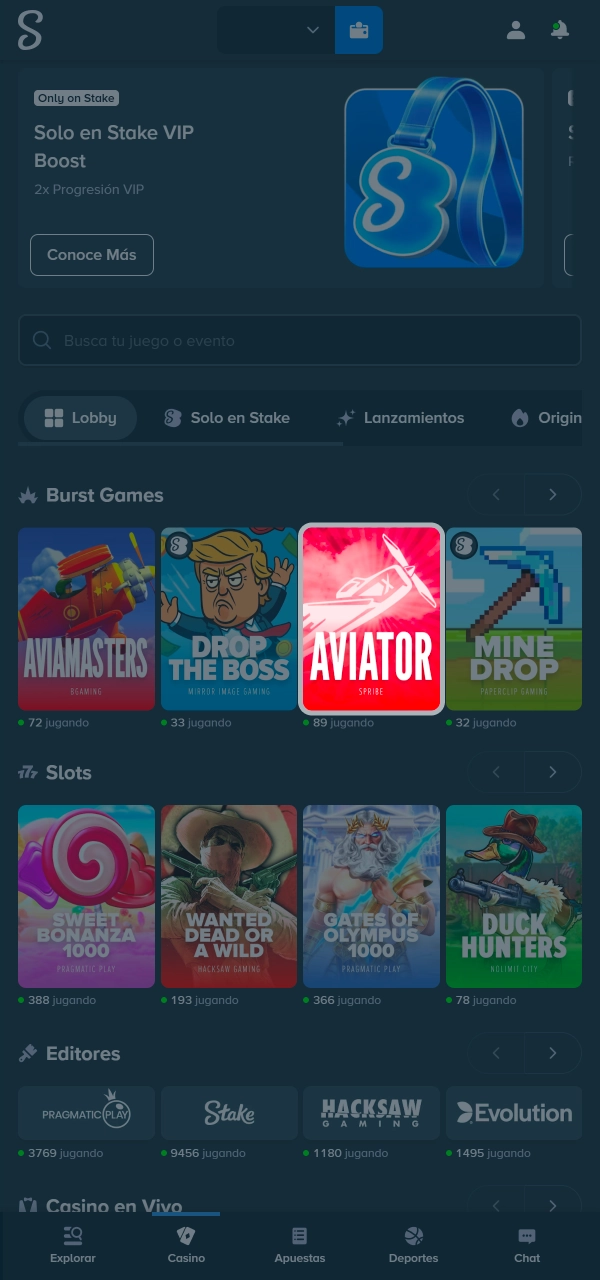 Abrí Aviator desde el buscador y jugá cómodo en Stake.
