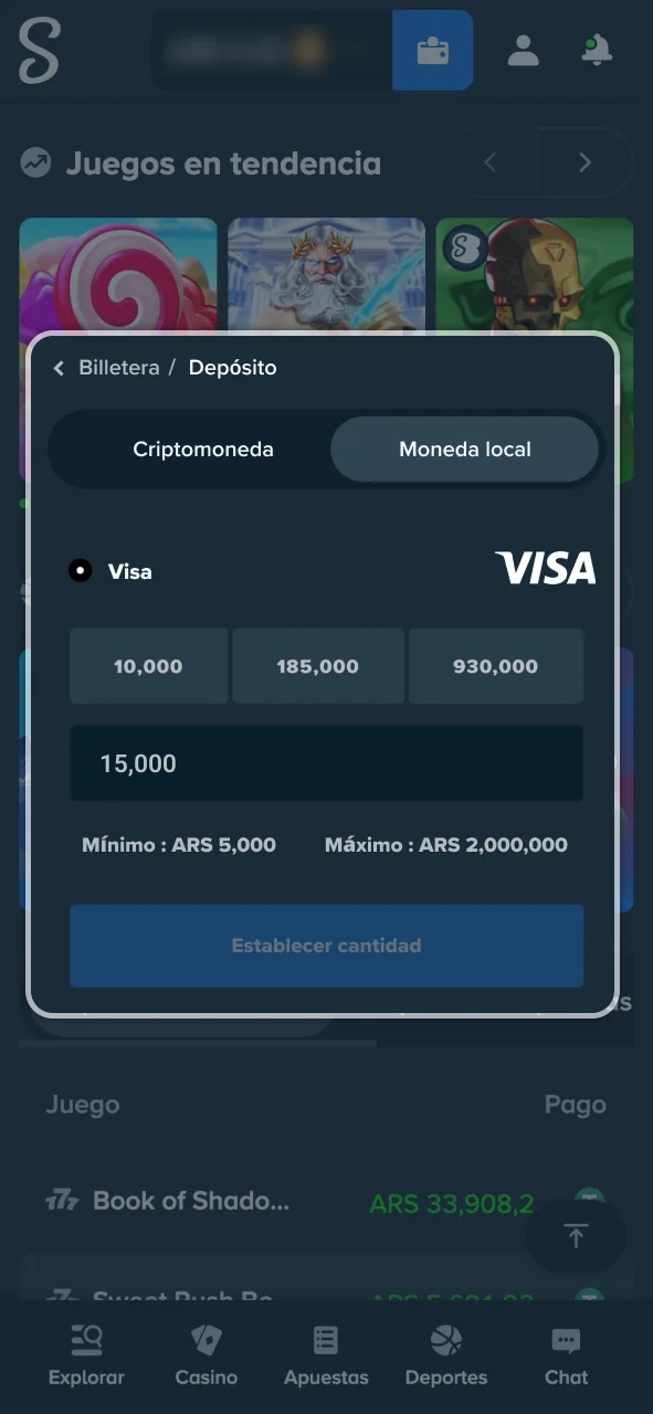 Hacé un depósito seguro en Stake con Visa, Mastercard, Apple Pay o criptomonedas.
