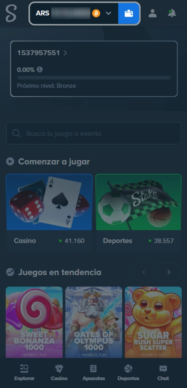 Carga saldo en pesos desde el sitio oficial Stake Argentina.