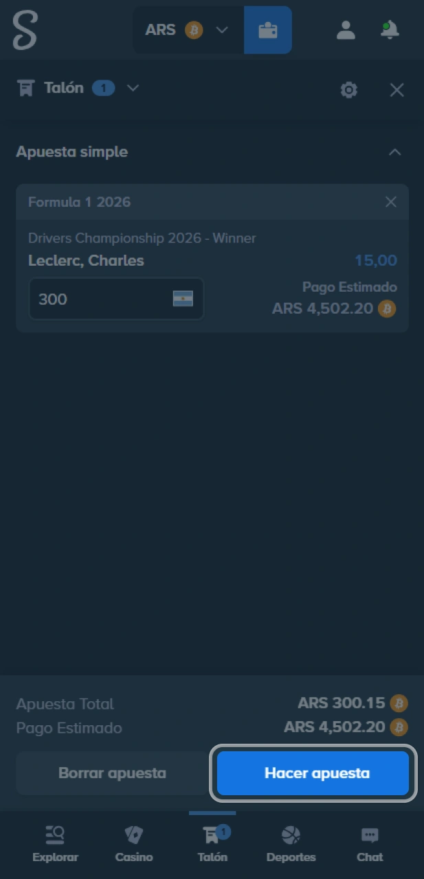 Finaliza tu apuesta de Fórmula 1 en el sitio oficial Stake.
