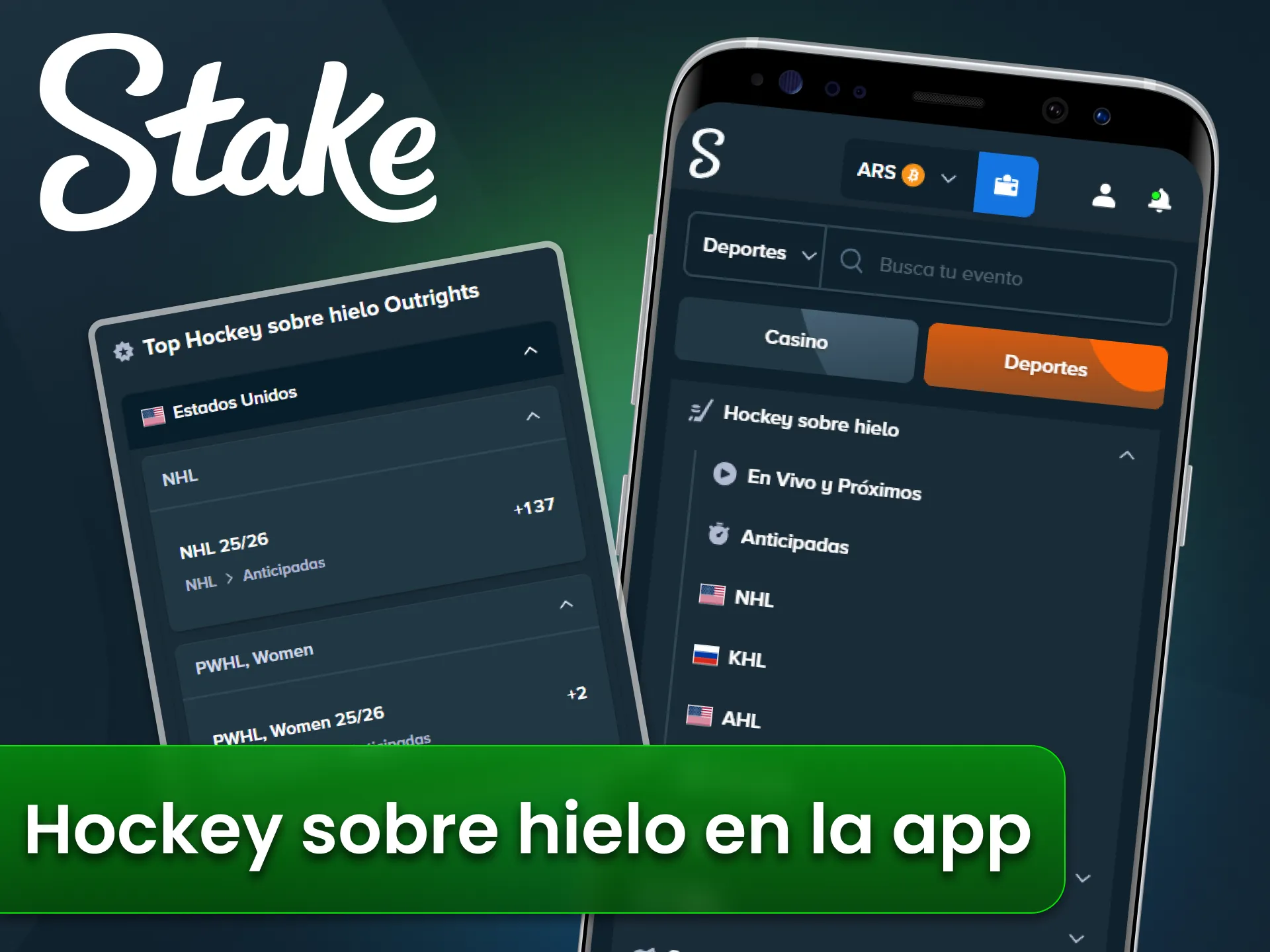 Apuesta en hockey sobre hielo desde la aplicación oficial Stake.