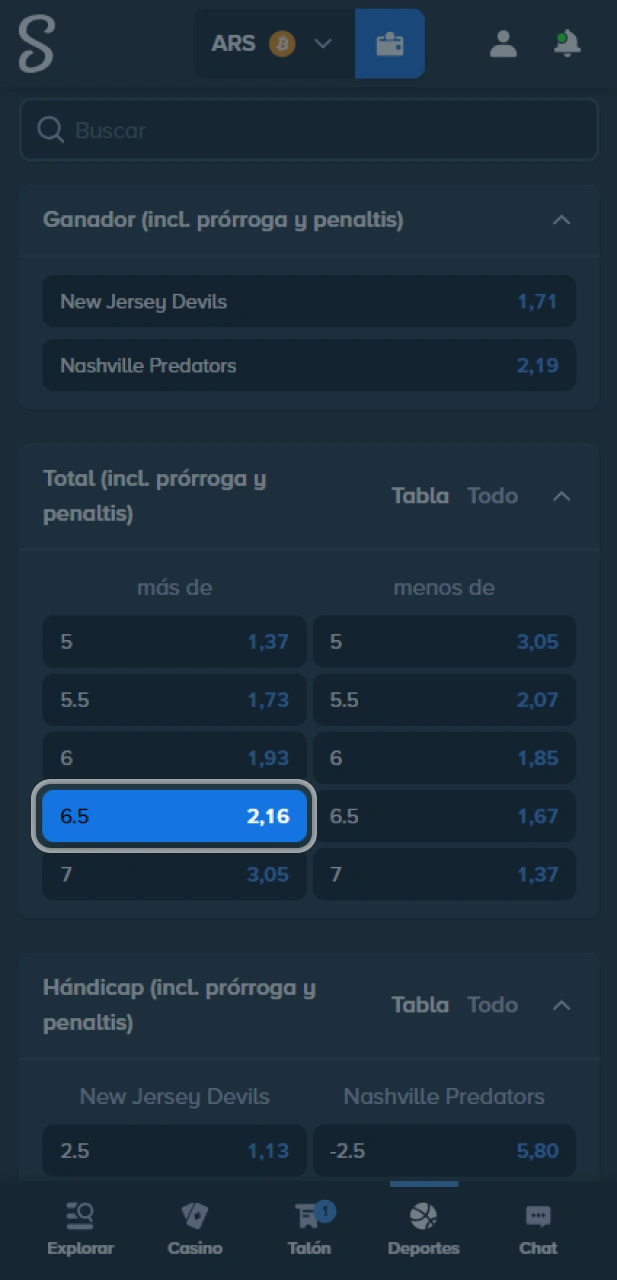 Selecciona cuotas de hockey en la plataforma oficial de Stake.