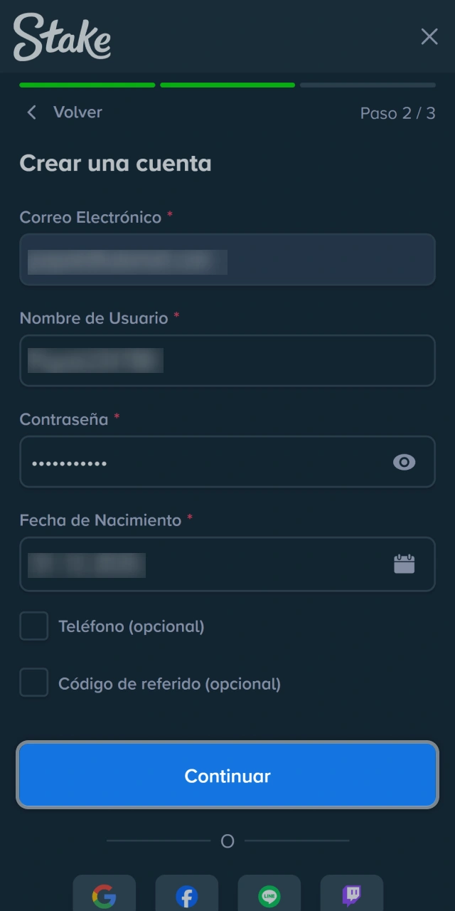 Completa el registro con tus datos personales para empezar a jugar en Stake.
