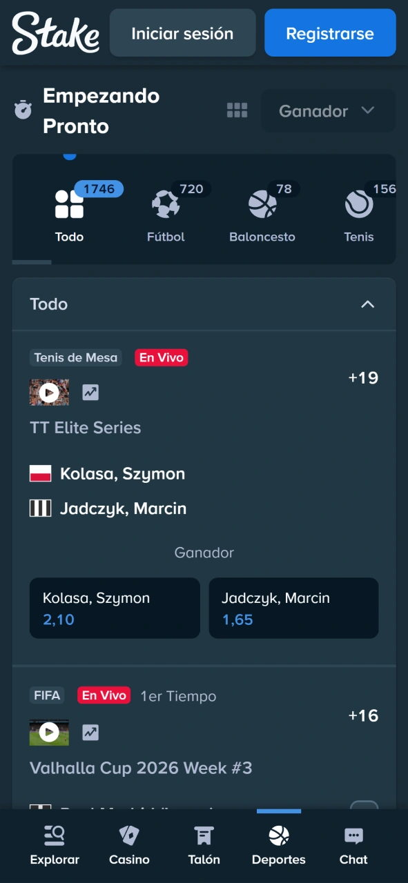 Consulta las cuotas deportivas en tiempo real desde tu móvil en Stake.