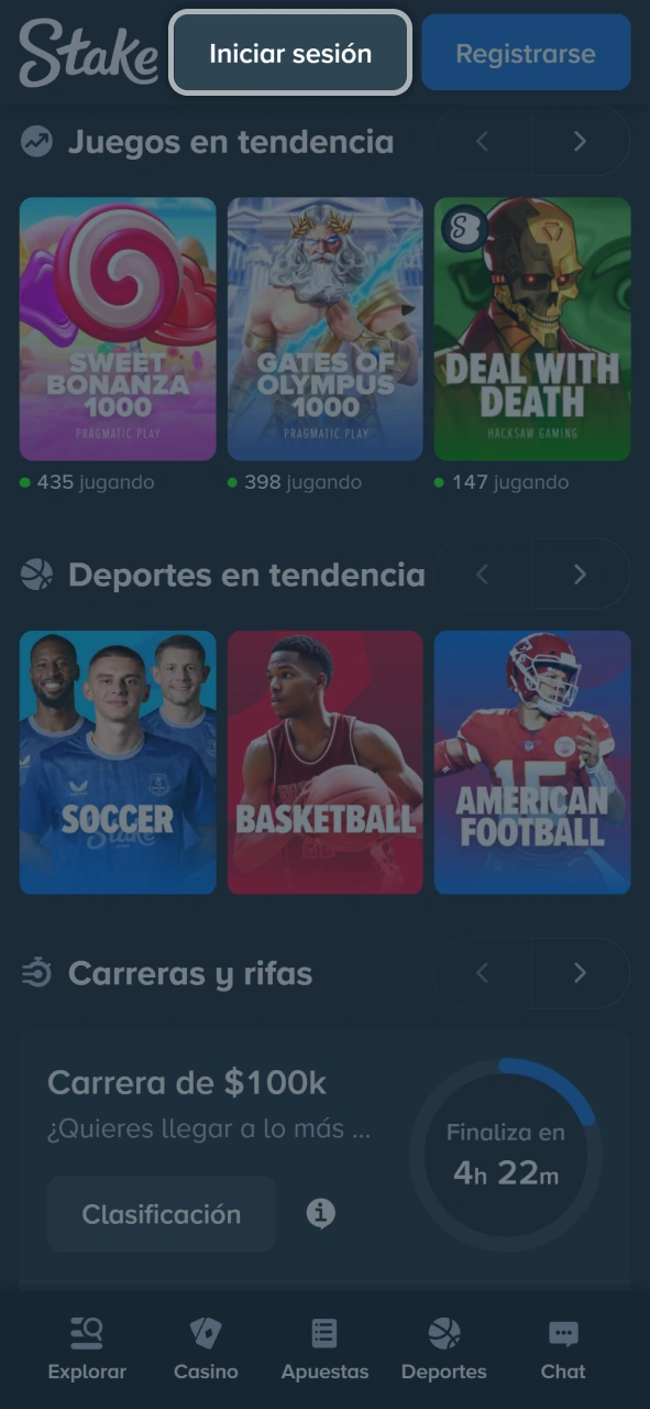 Navega por la pantalla de inicio antes de realizar tu primer ingreso en Stake.