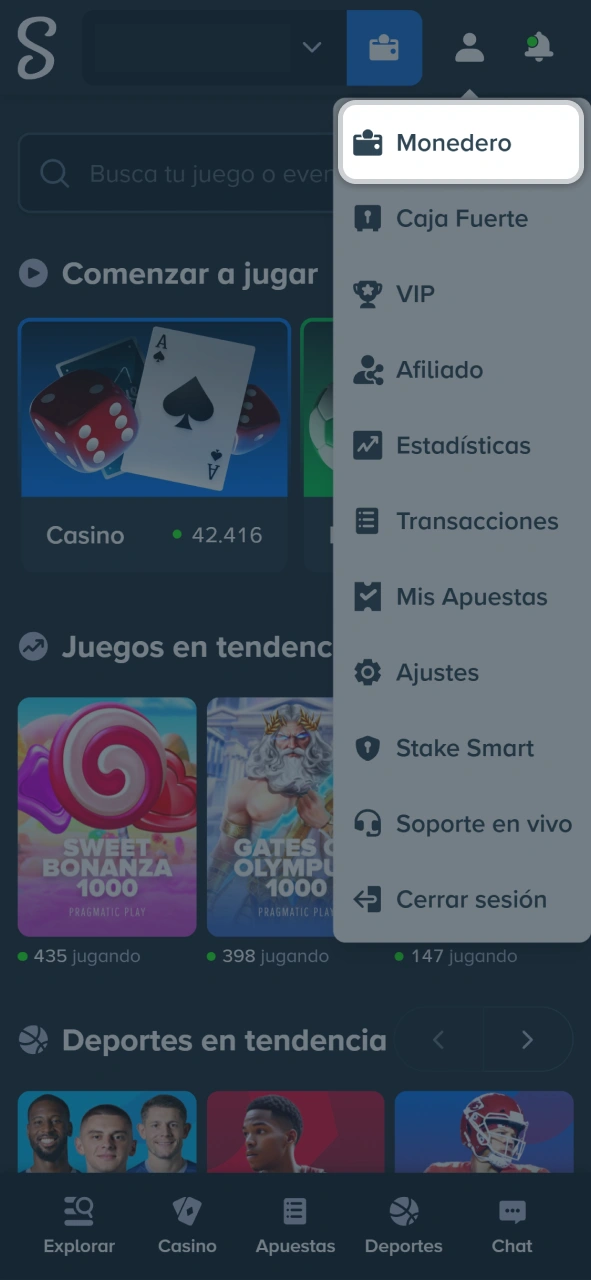 Haz clic en la opción de monedero dentro del menú de usuario de Stake.