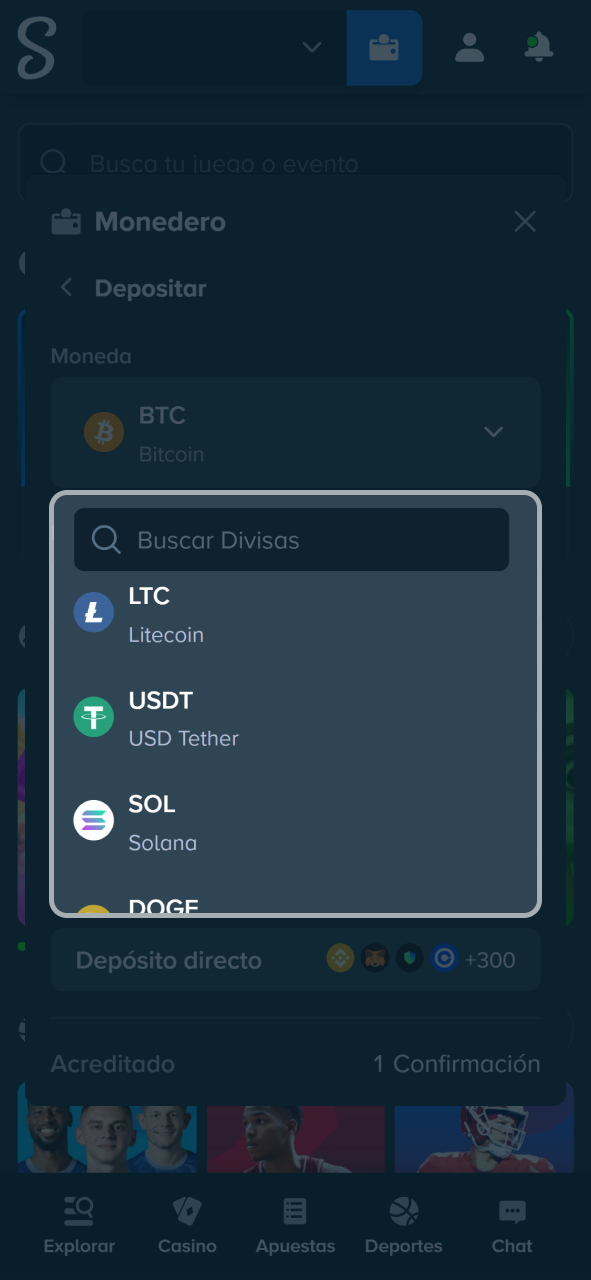 Selecciona tu divisa o criptomoneda favorita de la lista para depositar en Stake.