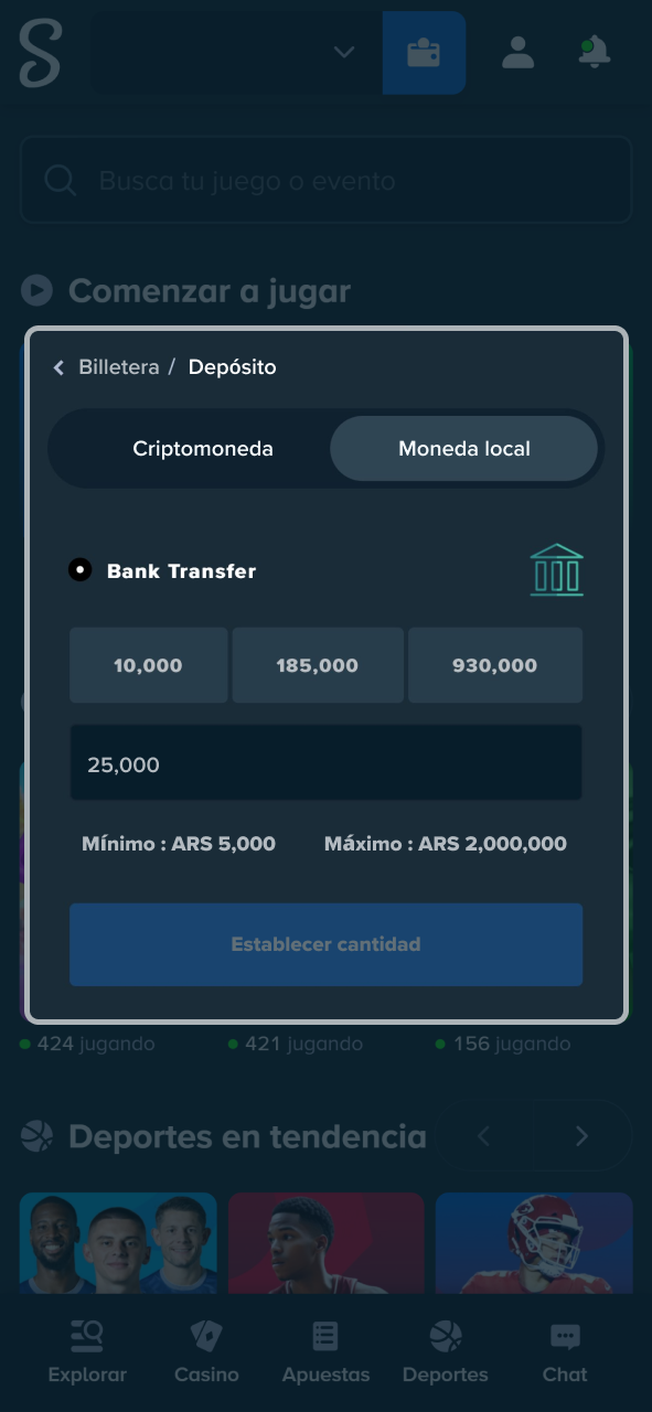 Ingresa el importe exacto para completar tu transferencia bancaria en Stake.