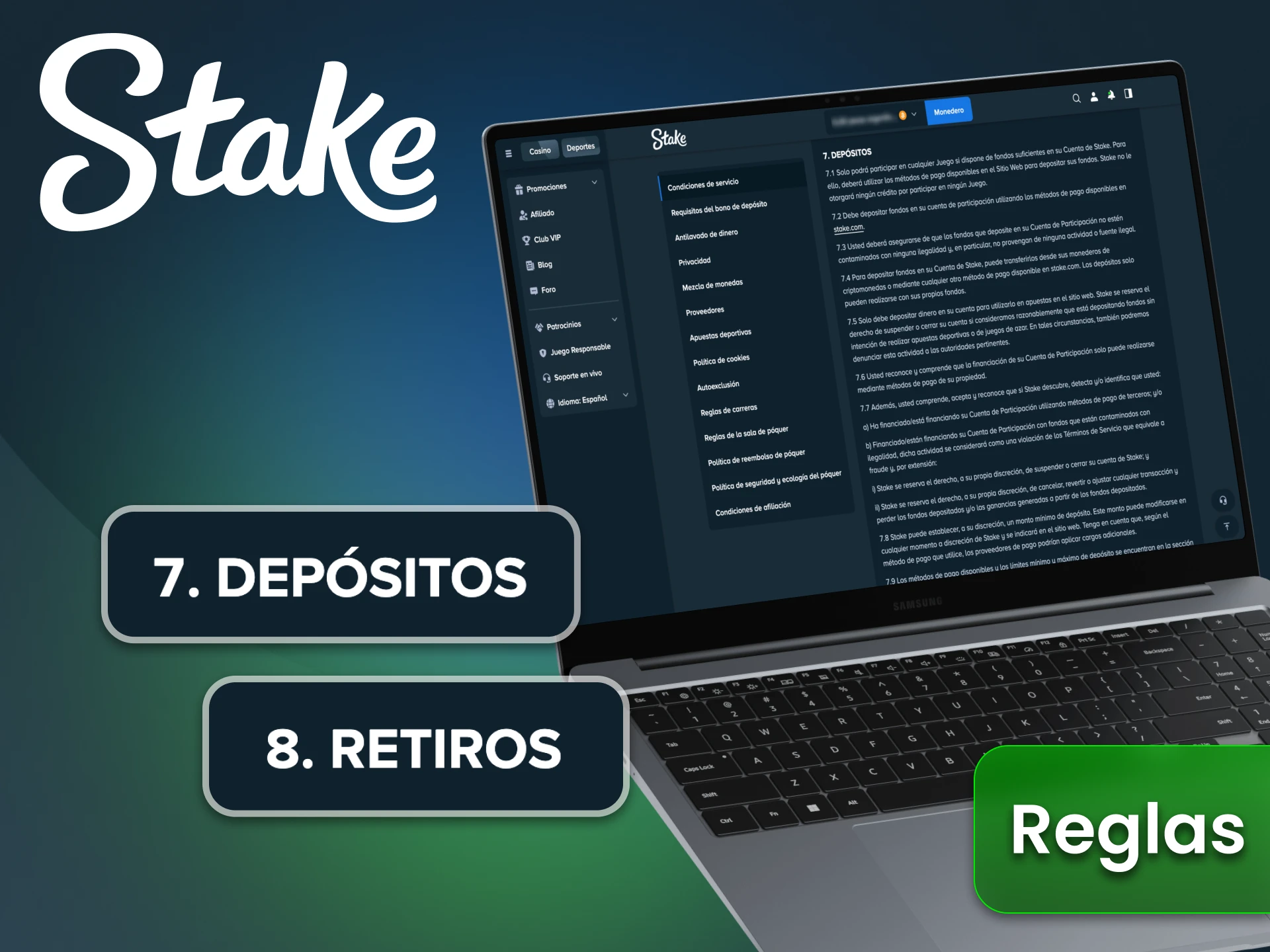 Siga las reglas y condiciones de Stake para depósitos y retiros.