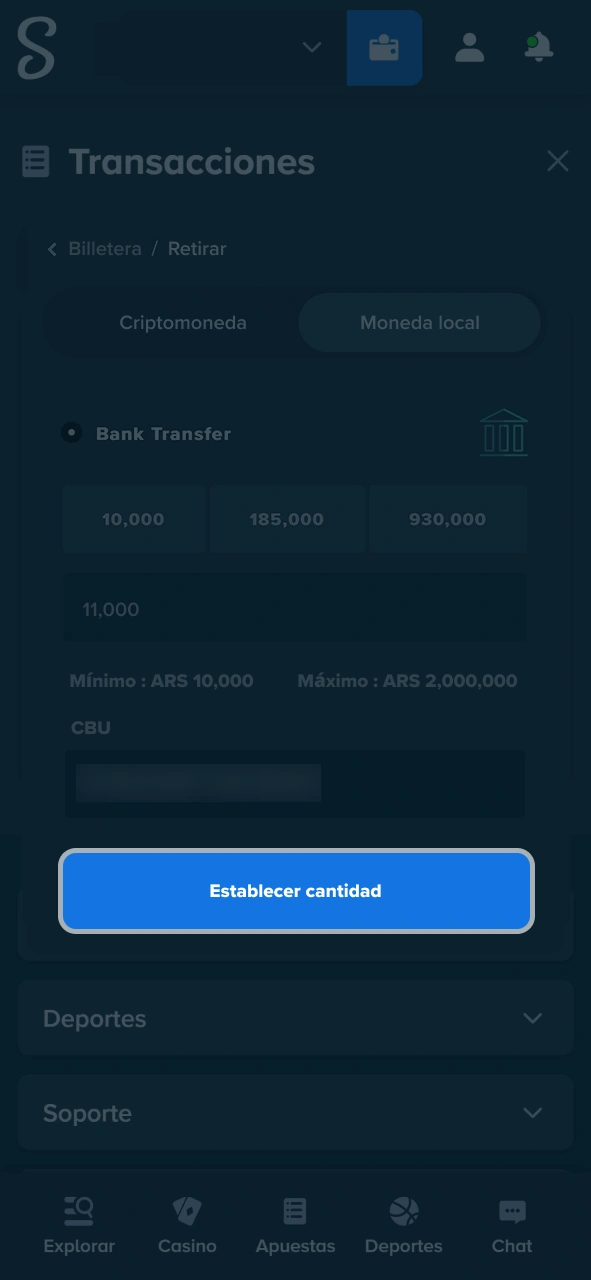 Haz clic en el botón azul para procesar tu solicitud de retiro en Stake.