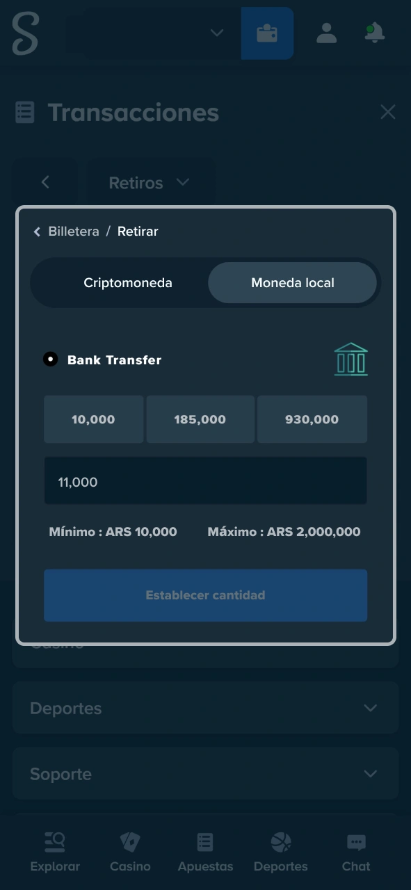 Ingresa el monto exacto que deseas retirar de tu saldo disponible en Stake.