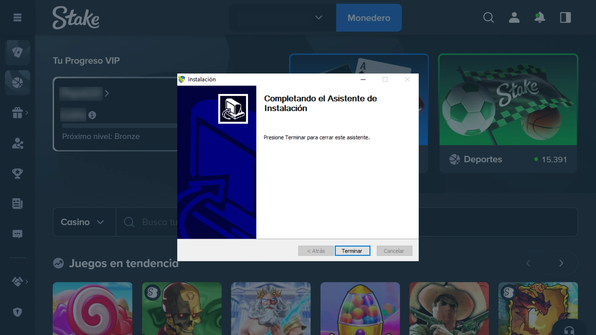 Finaliza el proceso de instalación haciendo clic en terminar para lanzar Stake.