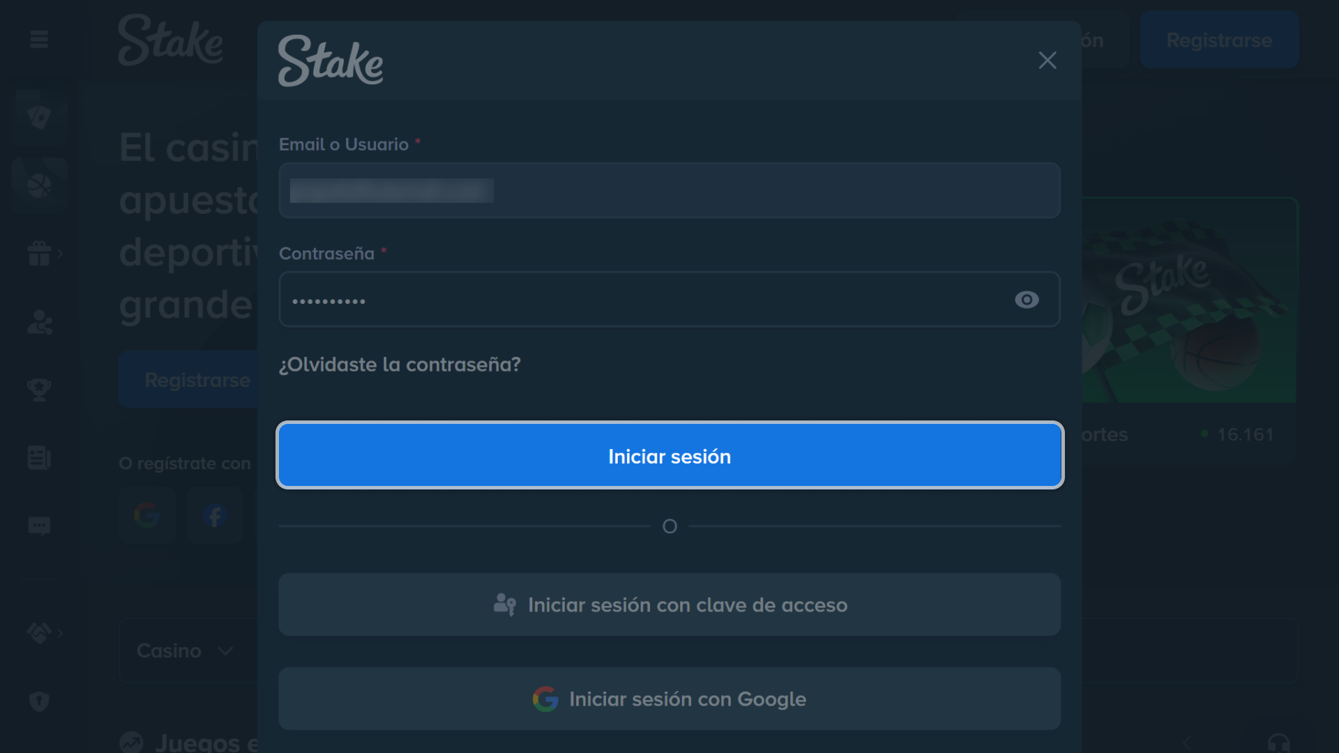 Ingresa tu correo y contraseña para entrar en la versión de escritorio de Stake.