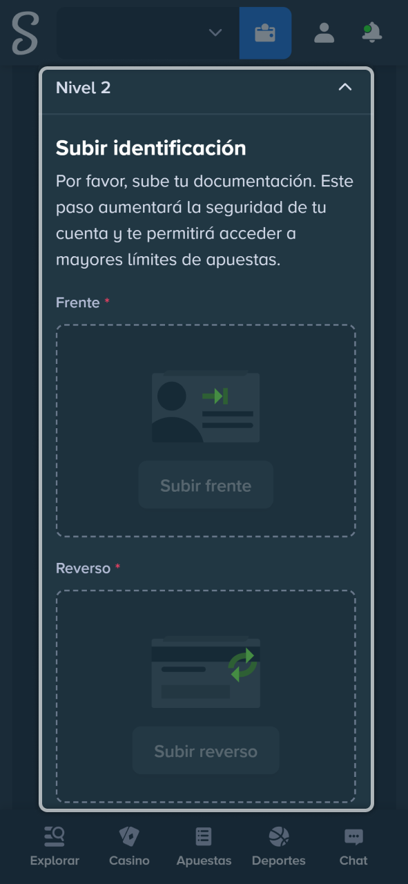 Carga tu documento de identificación oficial para desbloquear funciones en Stake.