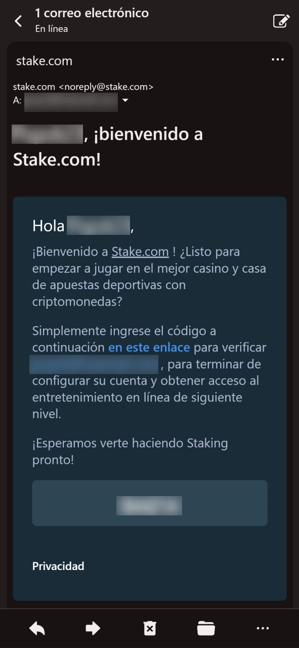 Confirma tu registro haciendo clic en el enlace del correo de Stake.