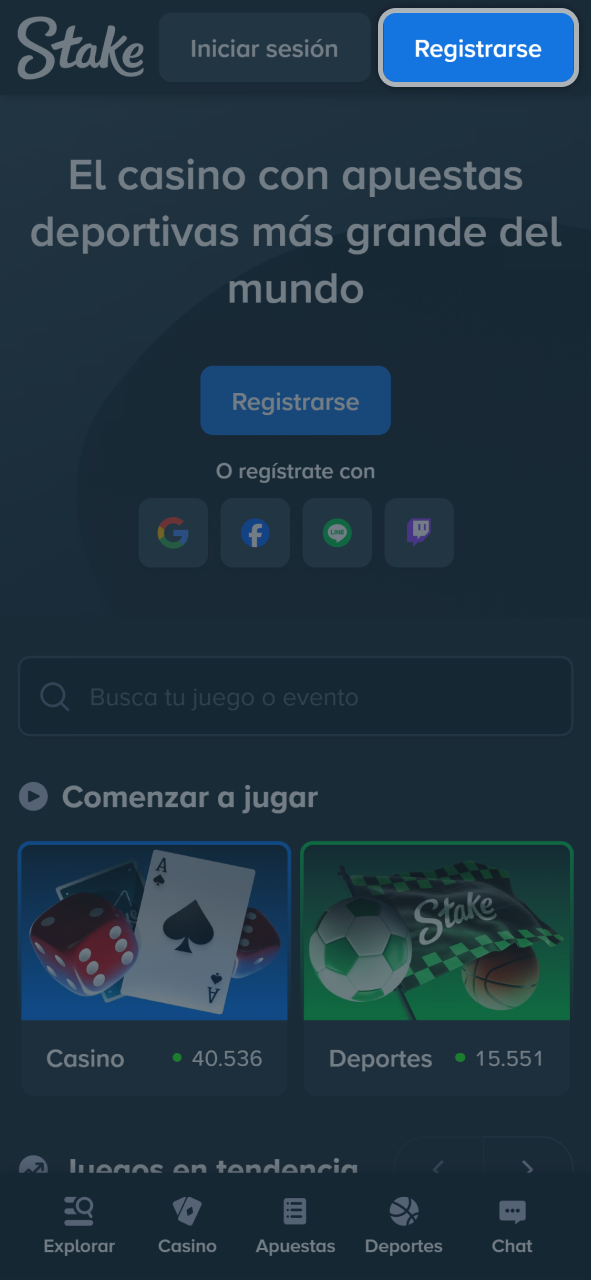 Toca el botón azul para iniciar el proceso de creación de cuenta en Stake.