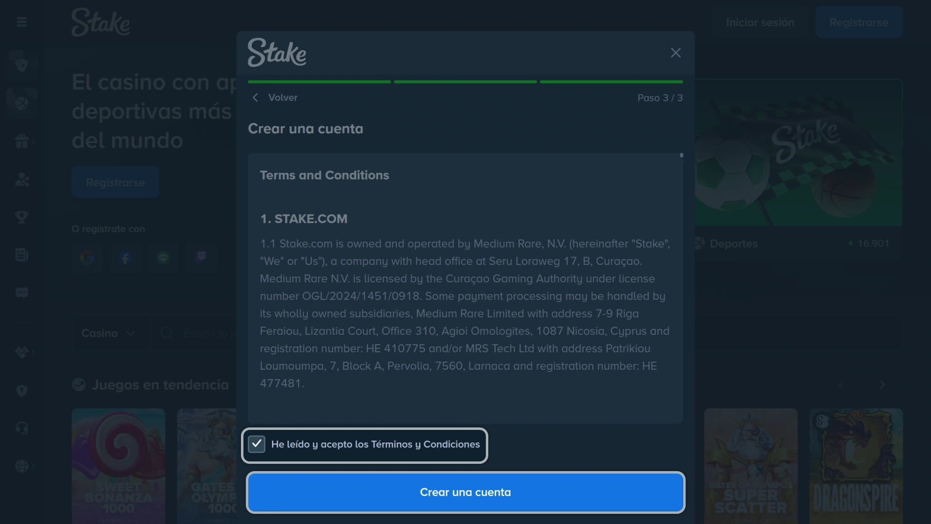 Marca la casilla para aceptar los términos y condiciones oficiales de Stake.