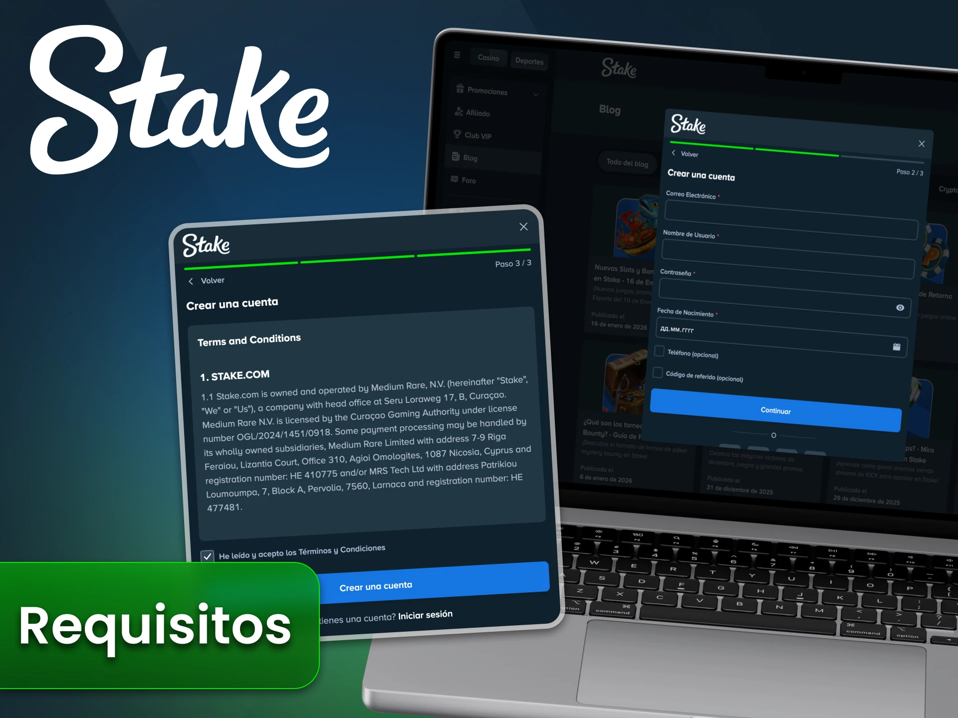 Infórmate sobre los requisitos de registro en la plataforma oficial de Stake.