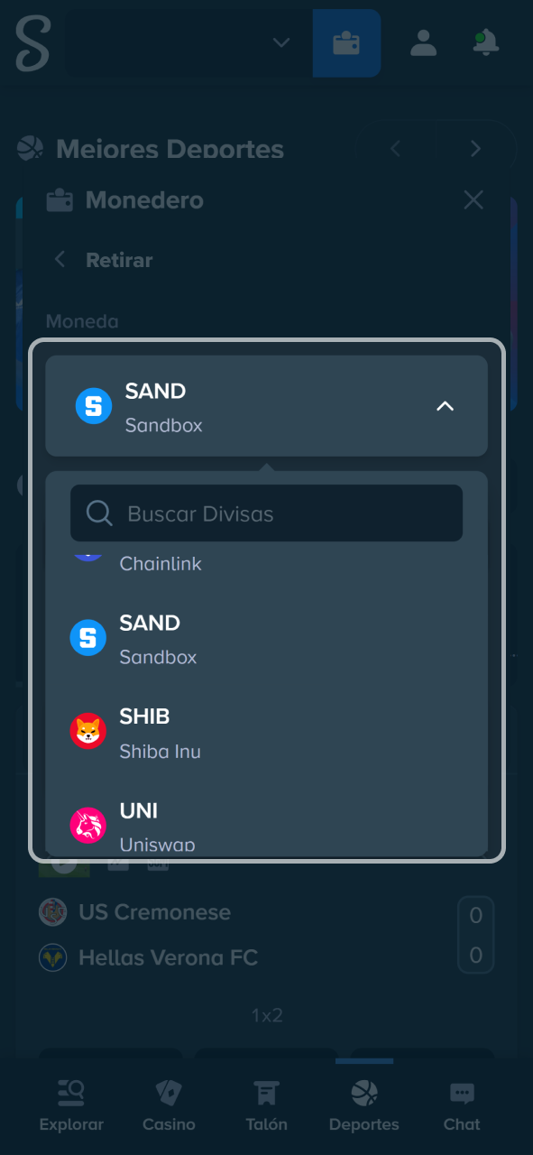 Elige tu criptomoneda preferida de la lista para retirar tus ganancias en Stake.
