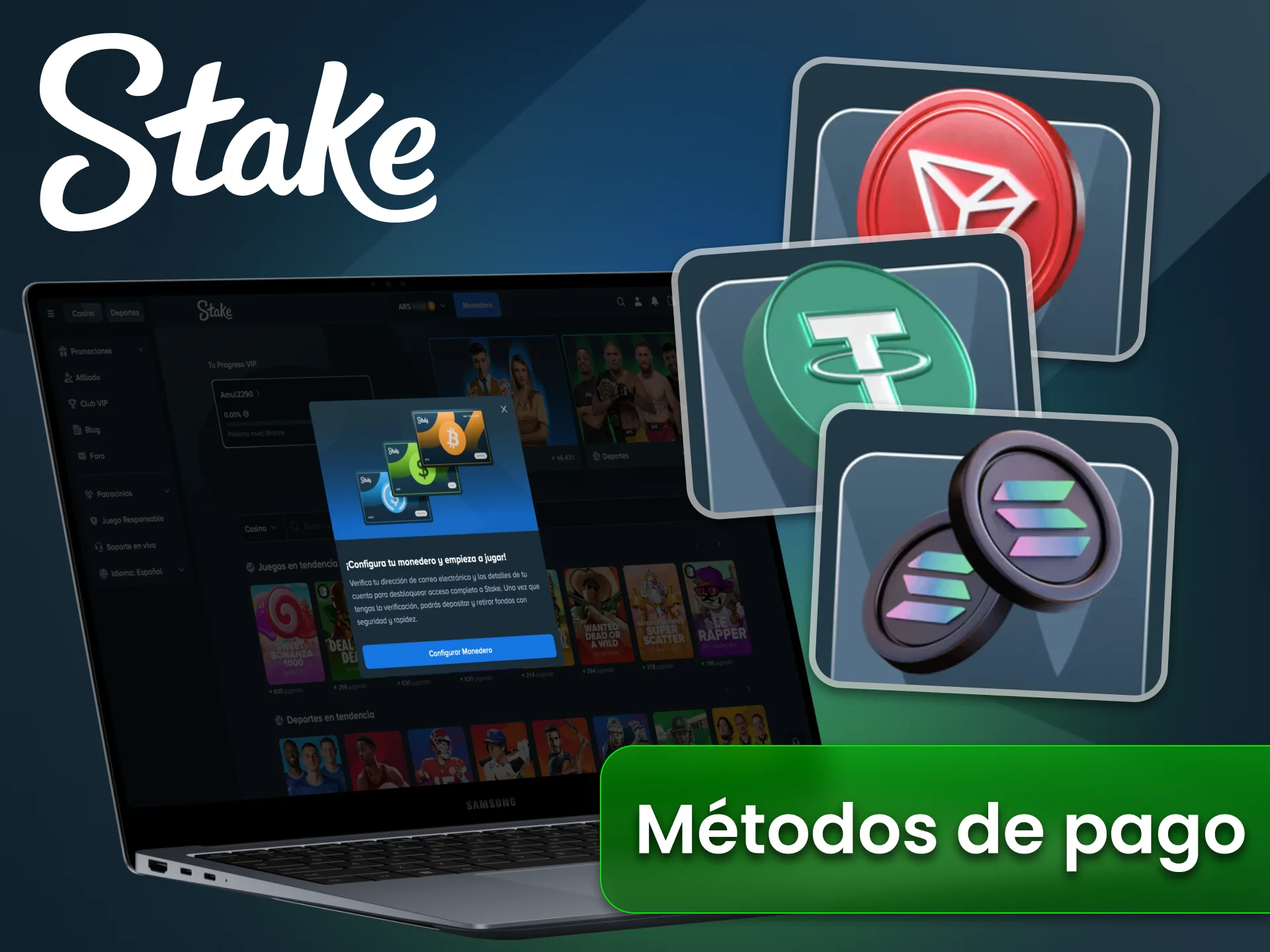 Stake ofrece métodos de pago seguros: Visa, Mastercard, Apple Pay y criptomonedas.