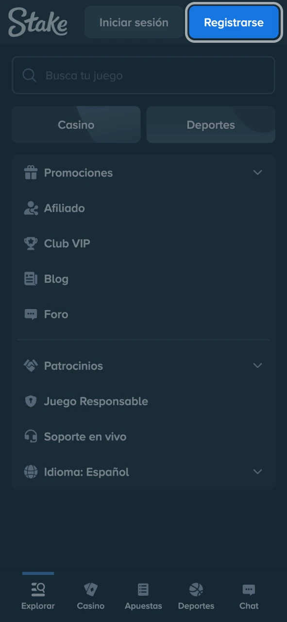 Ve al sitio web oficial de Stake y completa el registro.