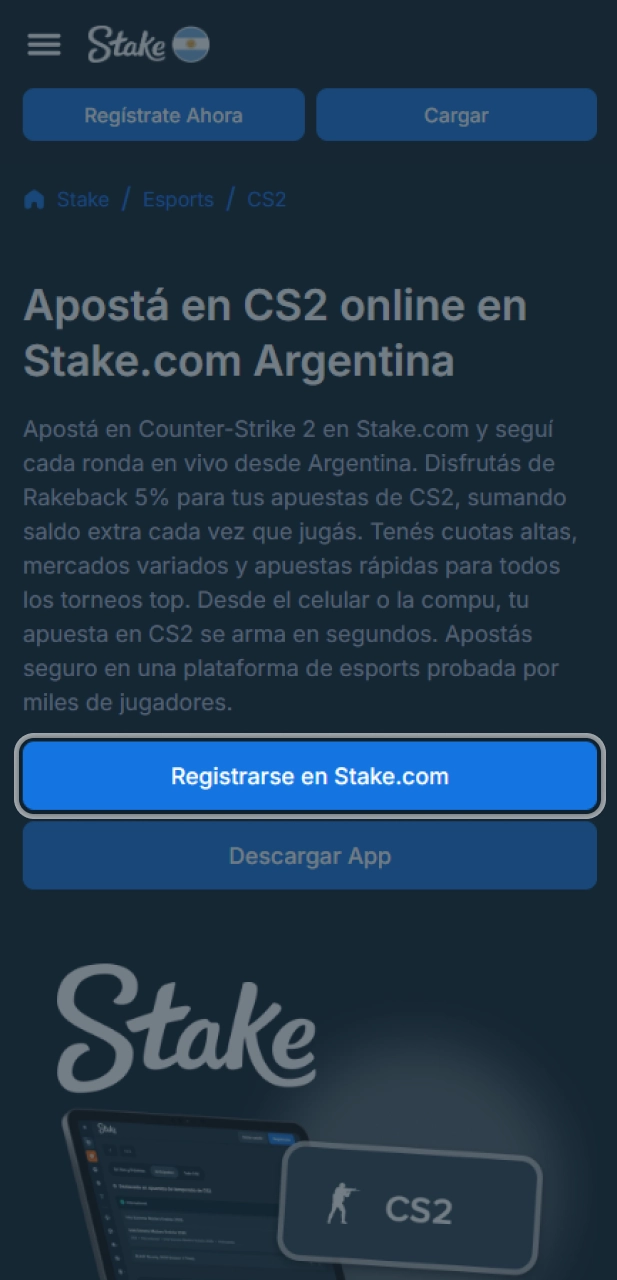 Accede al sitio oficial Stake para comenzar tu registro seguro.