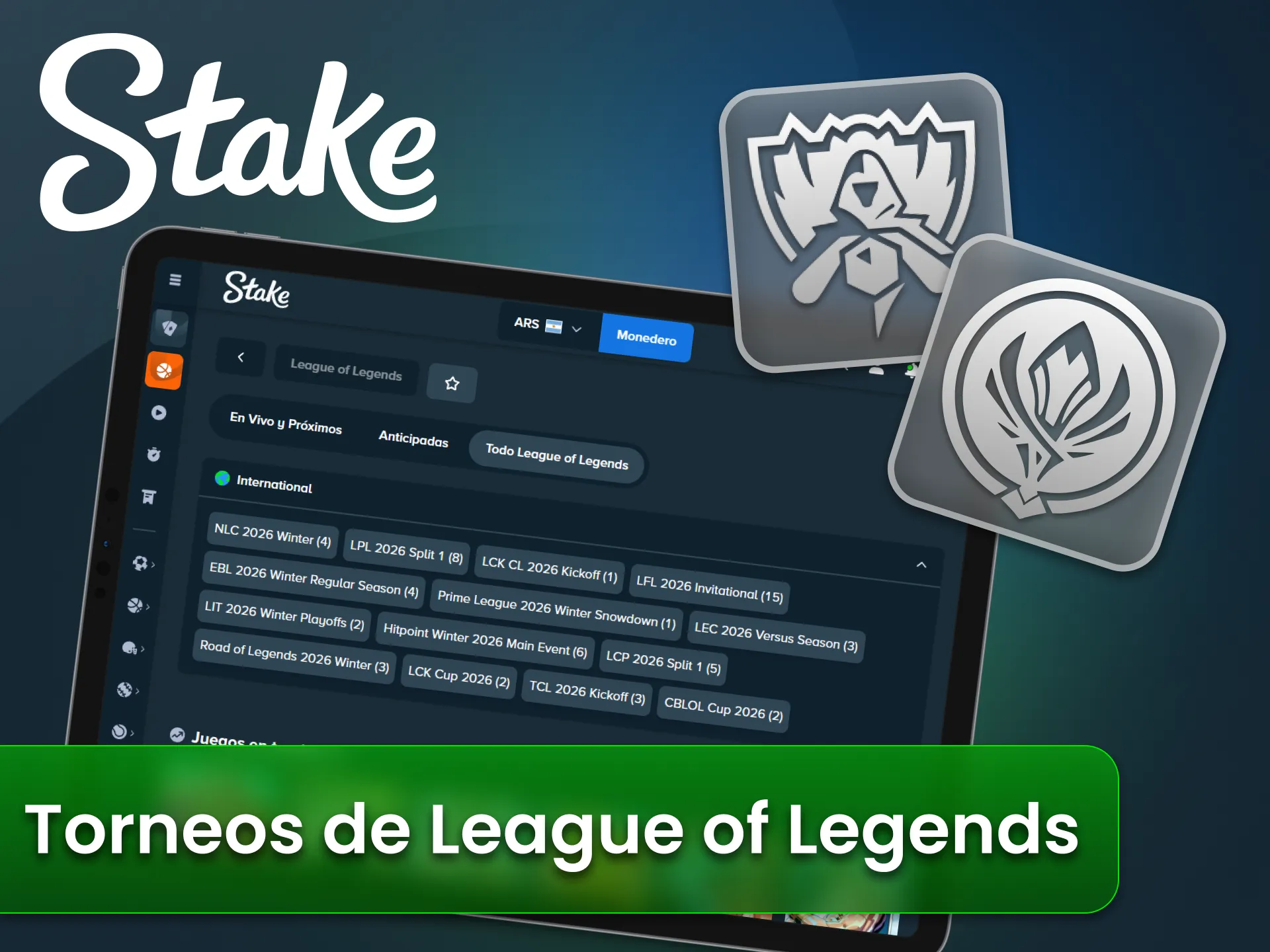 Encuentra torneos mundiales de LoL en el sitio oficial Stake.